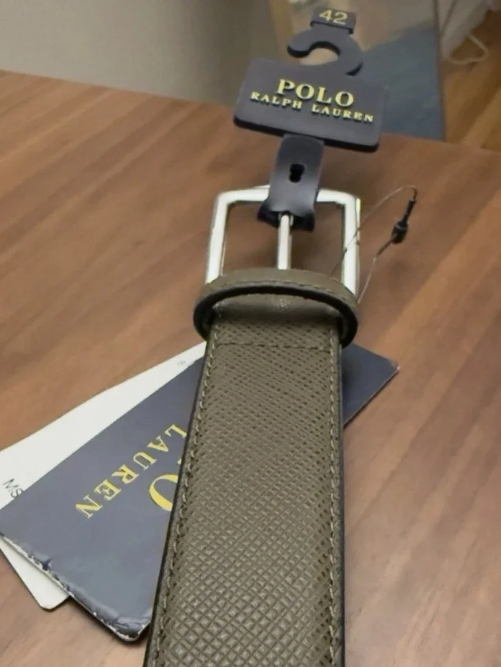 NWT Men's Polo Ralph Lauren Saffiano Olive Green Leather Belt with Silver Buckle